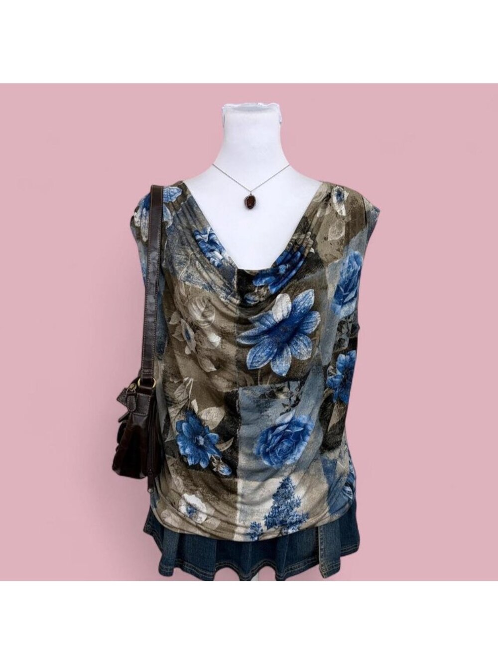 90s floral patchwork boho cowl neck top